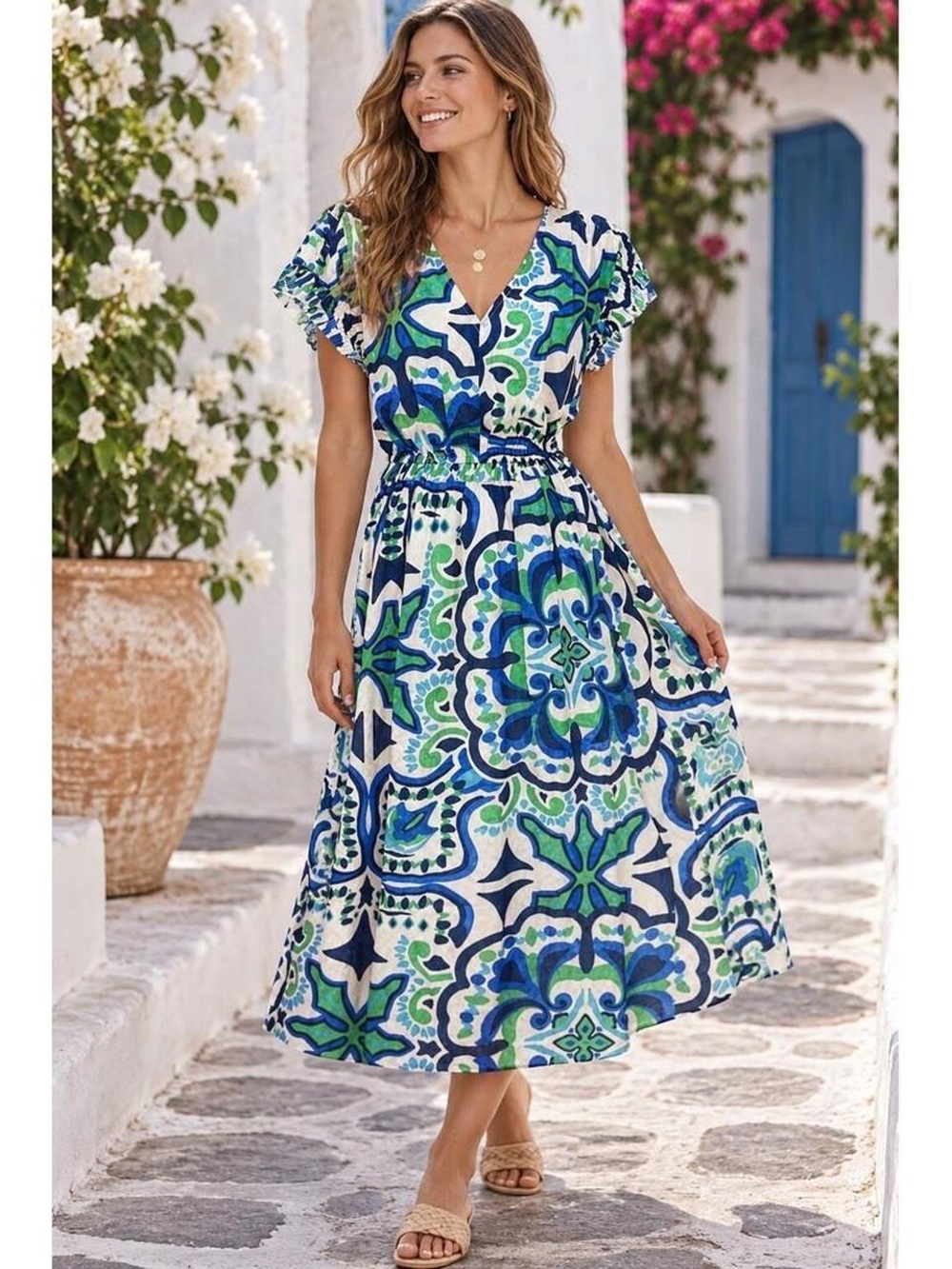 Current Air Blue & Green Patterned V-Neck Midi Dress